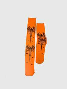 ROMWE Goth 1 par de medias por encima de la rodilla con estilo gótico de murciélago y color naranja - Naranja - Ver 6