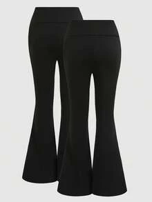 SHEIN Girlism 2条装少女保暖内衬高腰修身喇叭裤，黑色，秋冬季裤装打底裤套装 - 黑色 - 查看 2