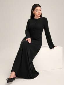 Veilorie Vestido de punto cómodo y versátil de cintura ceñida para uso diario casual - Negro - Ver 4