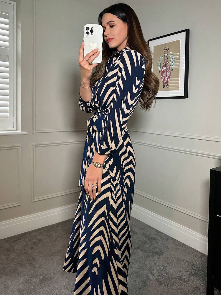 SHEIN Clasi Elegant Ladies' Shirt Collar Belted Shirt Dress Fall Women Outfits Teacher Dress Work Clothes - Multicolor - View 2