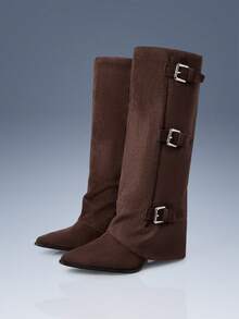 CUCCOO GRLICON 女式流苏尖头粗跟绒面西部靴，修身高筒靴，适合万圣节、圣诞节、派对、Y2K、朋克、机车风格 - 咖啡棕 - 查看 2