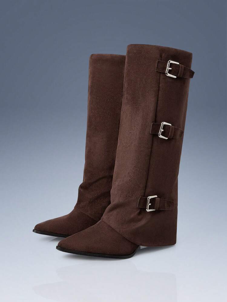 CUCCOO GRLICON Women's Fringe Pointed Toe Chunky Heel Suede Western Boots, Slim Fit Tall Boots For Halloween, Christmas, Party, Y2K, Punk, Biker Style