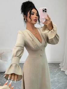 Siren Gaze Vestido de campana de unicolor elegante para mujer - Albaricoque - Ver 2