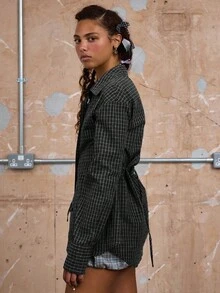 COUREZ 长袖修身格子衬衫 / 女士 Y2K 复古外出上衣 优雅外出装 - 黑色 - 查看 5
