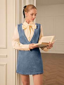 Aveloria Rosie Blue Deep V-Neck Gold Thread Woven Trim Decor Luxurious Faux Suede Party Dress, Minimalist Design, Sleeveless, Versatile