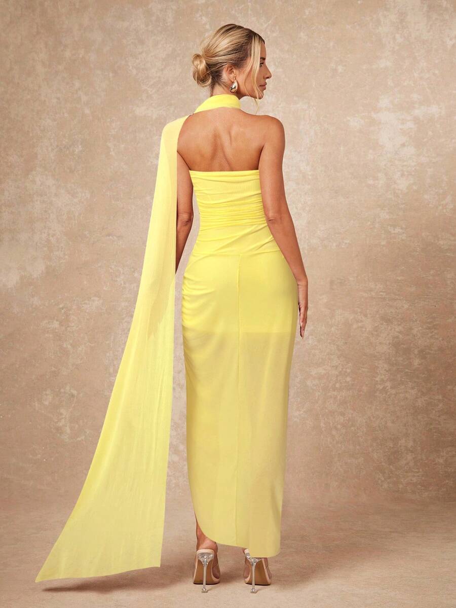 Lumalex Vestido extra largo para mujer con cuello de bufanda, busto fruncido y abertura lateral - Amarillo - Ver 1