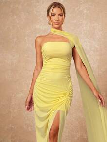 Lumalex Vestido extra largo para mujer con cuello de bufanda, busto fruncido y abertura lateral - Amarillo - Ver 5