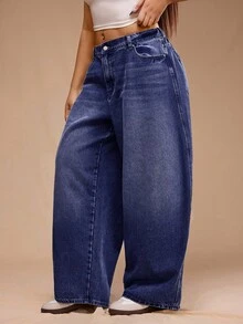 SHEIN Forever 21 Quần jean ống loe dáng rộng, túi hộp, dễ mặc, đa năng, size lớn dành cho nữ - Màu xanh hải quân - Xem 4