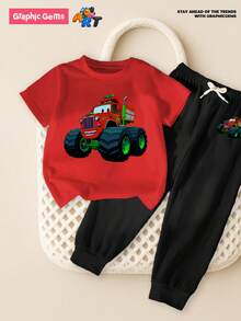 SHEIN Playful Pals 卡通汽车印花短袖T恤和裤子，适合年轻男孩的休闲套装 - 黑色 - 查看 7