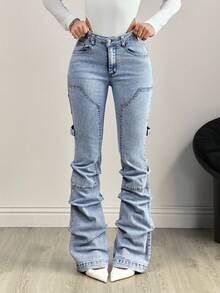 SHEIN Tall Tall Waist Flare Leg Washed Denim Jeans - Light Wash - View 1