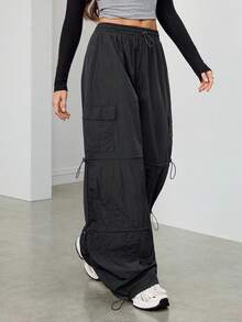 SHEIN EZwear 加大码男女夏季街头运动实用工装裤，抽绳松紧腰，宽松降落伞低腰哈伦裤 - 黑色 - 查看 6