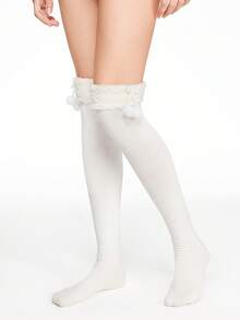 ROMWE Kawaii Calcetines largos cálidos sobre la rodilla con decoración de pompones y lazos - Beis - Ver 1