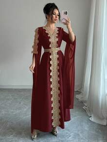 Rafferiza Áo choàng Abaya chắp vá tay dài cho nữ, váy Kaftan viền ren màu trơn - Màu Đỏ Sâu - Xem 3