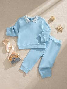 Souflis Souflis 幼儿男童法国复古浅蓝色圆领长袖T恤和罗纹休闲裤套装，适合上学、外出和各种场合 - 藍色 - 查看 2