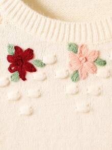 女童乡村手工刺绣可爱圆领长袖针织毛衣上衣，秋冬 - 米色 - 查看 6