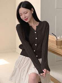 DAZY Women's Casual Solid Color Cable Knit Cardigan, Autumn - Brown - View 5