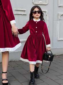 1 件女童舒适优雅荷叶边蕾丝领纽扣前下摆蕾丝花边长袖公主裙，适合秋冬季、节日、圣诞节、新年派对 - 彩色 - 查看 1