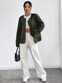 SHEIN Unity 纯色前扣休闲保暖长袖夹克，秋冬 - 軍綠色 - 查看 5