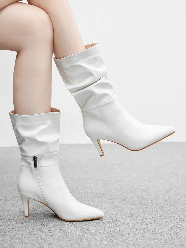 CUCCOO BIZCHIC Women's Pointed Toe Stiletto High Heel White Fashion Slip-On Pleated Suede Mid-Calf Boots For Christmas Spring Shoes
