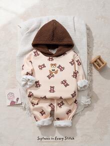 Cozy Pixies 2pcs Baby Boy Cartoon Bear Pattern Contrast Color Hooded Sweatshirt And Elastic Waist Pants Set - Khaki - View 7