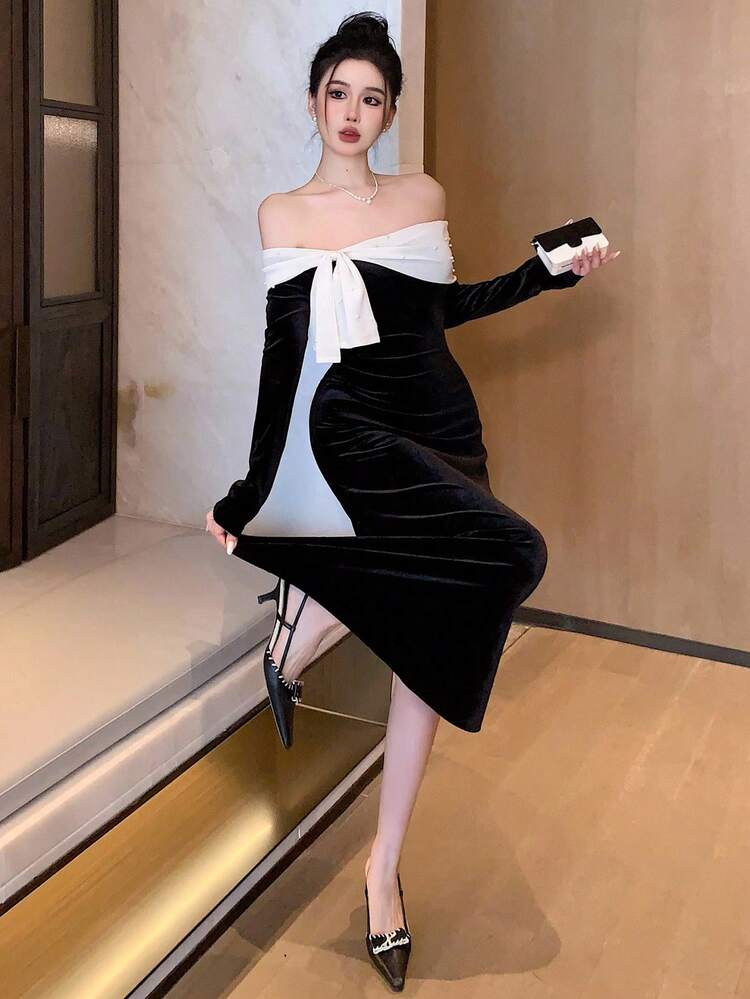 Autumn/Winter Velvet Commuter Elegant Fitted Drawstring Tie-Up Contrast Color Splice Off-Shoulder Fashion Wedding Party Cocktail Mermaid Dress For Women Prom Dress Valentine's Day