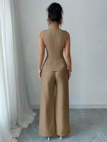 Selianne 女士优雅花卉纽扣装饰休闲/通勤西装 - 棕色 - 查看 2