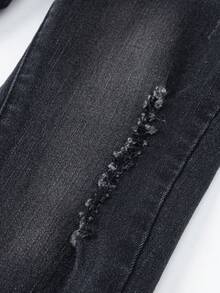 Jungen Allround Lässig + Schwarze verwaschen Slim Fit einfache vielseitige tägliche bequeme Stretch Jeans, ein Muss-haben Artikel für modische Kleine Jungen Lässig modische abgenutzte zerrissene bequeme Elastikbund passende dunkelgraue Jeans, geeignet für den täglichen Gebrauch, 2024 Neuankömmling Chic für Herbst/Winter Weihnachten - Schwarz - Übersicht 4