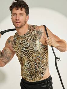 FeverCity 男士豹纹无袖紧身性感连体衣 - 棕色 - 查看 2