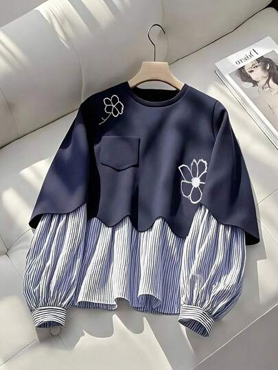 SHEIN Teen Girls' Casual Everyday Patchwork Striped & Floral Print Sweatshirt, Autumn