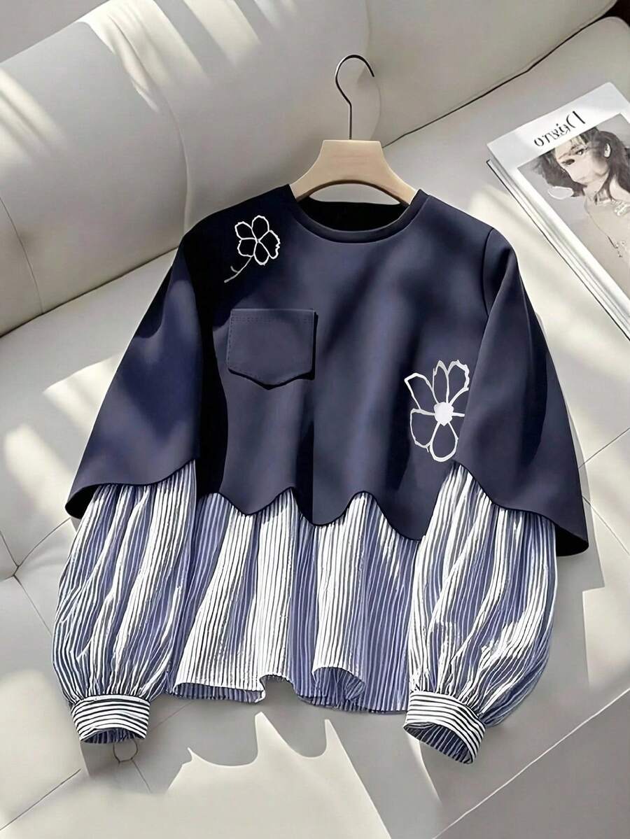 SHEIN Teen Girls' Casual Everyday Patchwork Striped & Floral Print Sweatshirt, Autumn