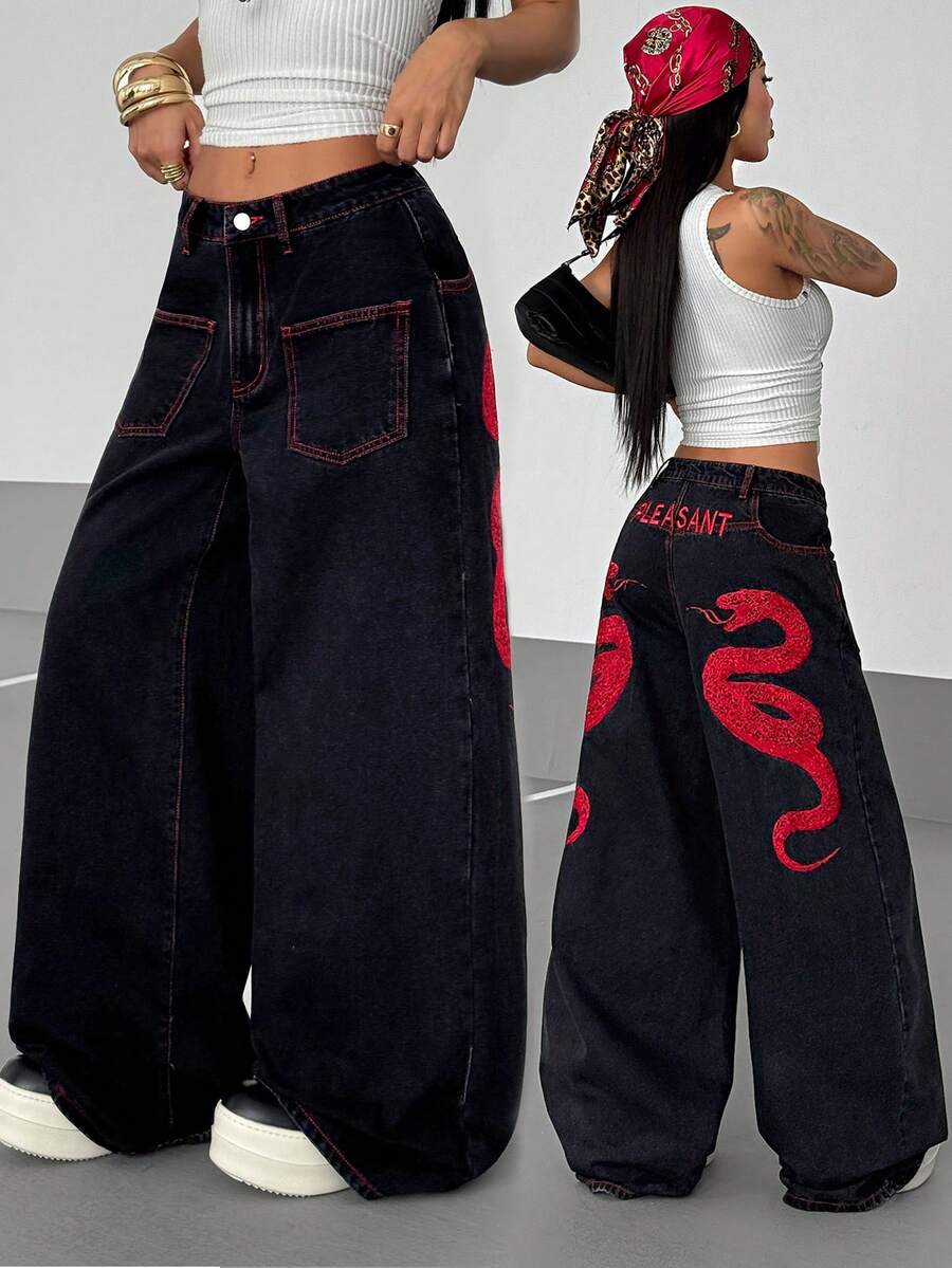 StreetHx Women's Street Casual Y2K Style Embroidered Wide-Leg Jeans - Black - View 1