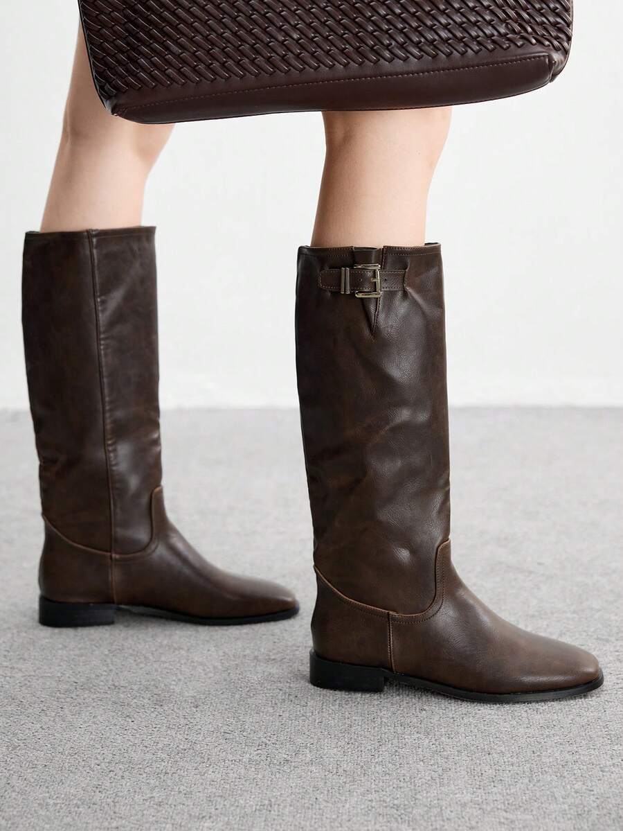 CUCCOO BIZCHIC 棕色方头粗跟通勤风格拉链中筒靴，时尚百搭女士秋冬款 - 棕色 - 查看 1