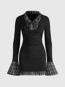ROMWE Back To School Vintage Gothic Plaid Patchwork 2 In 1 Women Long Sleeve Shirt Blouse - Black - View 1