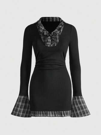 Goth Camicia/blusa da donna a maniche lunghe, stile vintage gotico, con patchwork a quadri, 2 in 1, adatta per il ritorno a scuola