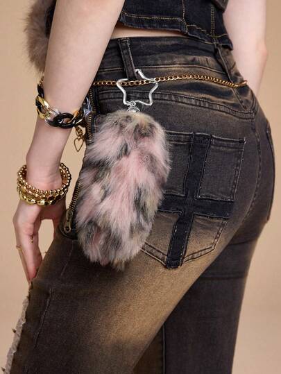 Grunge Punk 1 pieza Llavero y llavero con mini cola de estampado de leopardo marrón de alta calidad y estilo lindo y elegante al estilo coreano, accesorio adecuado para mujeres, ideal para uso diario o como regalo