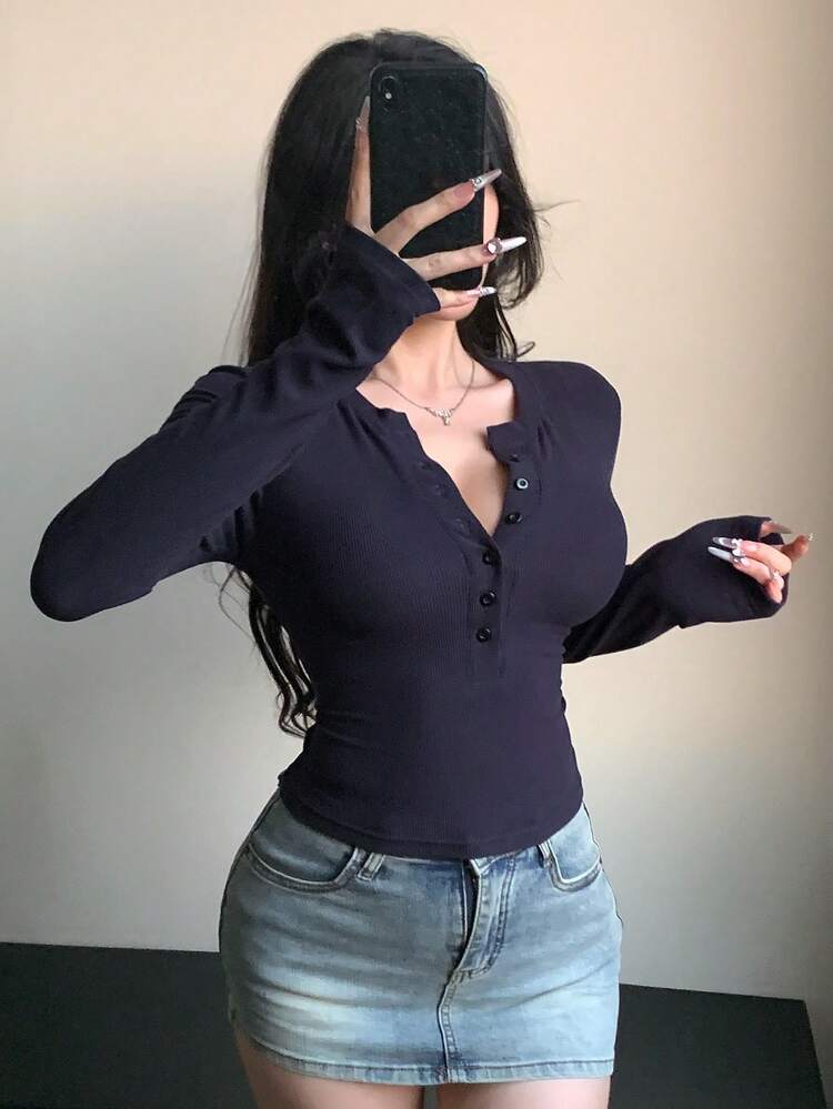 Women's Casual Everyday Commute Simple Solid Color Half-Button Cardigan Long Sleeve Fitted T-Shirt, Spring/Autumn