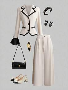 Selianne 时尚法式优雅撞色女士两件套 - 米色 - 查看 2