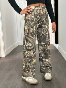 SHEIN Quần nỉ rộng rãi, cạp chun, in hình cành cây, thích hợp cho bé gái tuổi teen, kiểu dáng cơ bản, đa năng mặc hàng ngày, thích hợp cho mùa tựu trường. - xanh quân đội - Xem 4