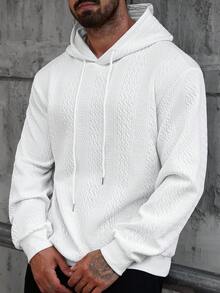 Manfinity CasualCool White Knitted Fabric Men's Hoodie Regular Length Long Sleeve Plain Pattern Comfortable And Men's Casual Basic Drawstring Hooded Sweatshirt White Hoodie Mens Hoodie Men Hoodie - White - View 5