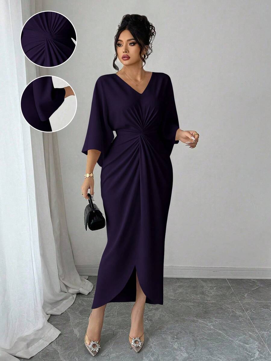 Elenzga 大码 V 领束腰紧身连衣裙 - 紫色 - 查看 1