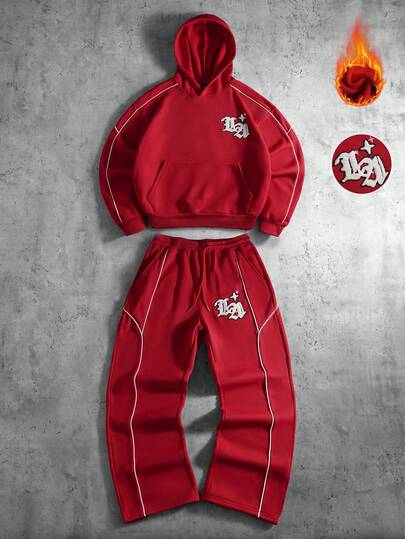 PAVTROS 男士红色保暖连帽衫套装，适合秋冬季节穿着，饰有“LA”雪尼尔刺绣，长袖设计，街头风十足，Y2K风格，是音乐节和圣诞节的理想之选，也是送给男友或丈夫的完美礼物。