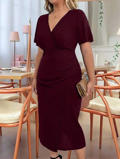 EMERY ROSE 大码女式优雅V领短袖纯色褶饰中长连衣裙