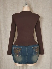 SHEIN ICON 女式加大码秋冬植物系列甜心领褶饰棕色长袖 T 恤 - 棕色 - 查看 2