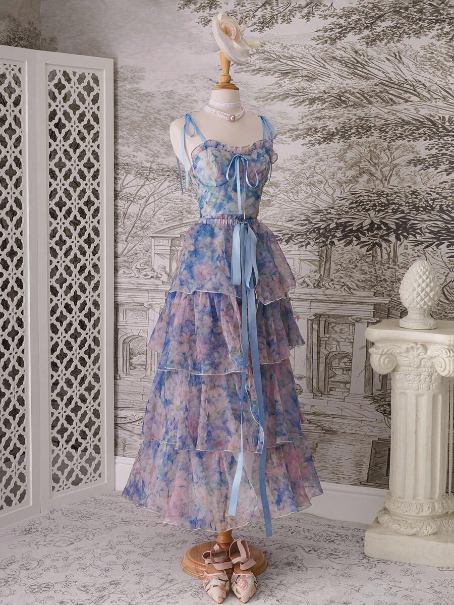 SHEIN MOD 浪漫花卉印花法式连衣裙，非常适合正式派对 - 彩色 - 查看 1