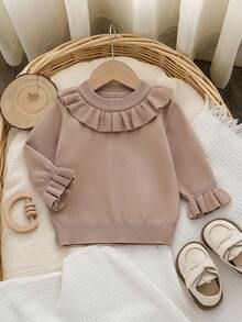 女婴休闲纯色荷叶边下摆毛衣，秋冬 - 卡其色 - 查看 1