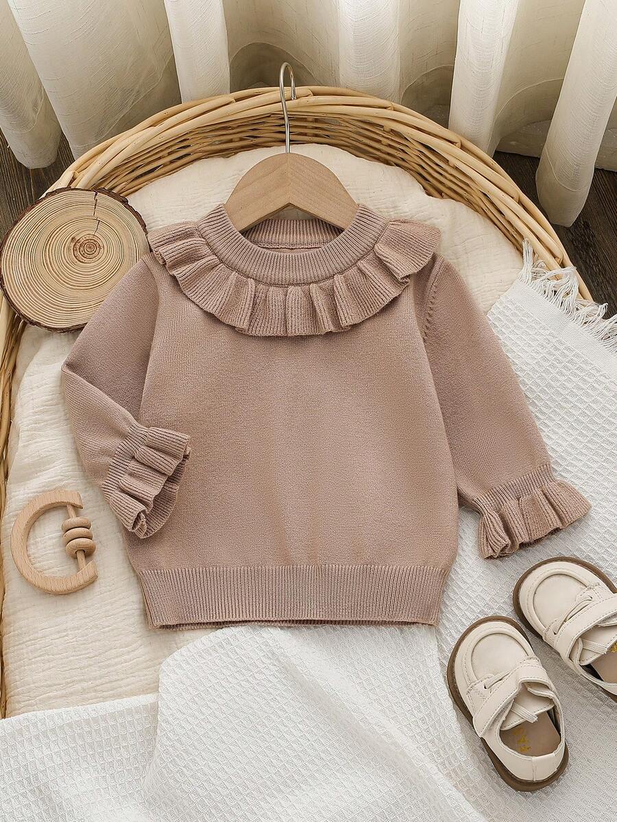 女婴休闲纯色荷叶边下摆毛衣，秋冬 - 卡其色 - 查看 1