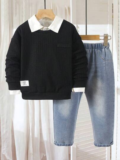 SHEIN 4-7 Years Old Boys 2-Piece Outfit, Featuring Textured Knit Crew Neck Sweatshirt And Faux Pocket Denim Pants, Casual Minimalist Design Suitable For School, Travel, Holiday Party, Daily Wear Fall Winter