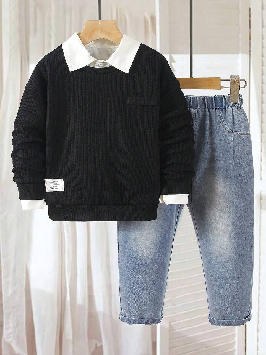 SHEIN 4-7 岁男童两件套服装，采用纹理针织圆领运动衫和仿口袋牛仔裤，休闲简约设计，适合上学、旅行、节日派对和日常穿着 - 黑色 - 查看 1