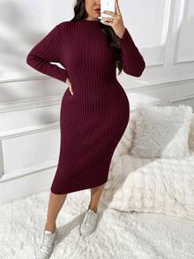 SHEIN Essnce 大码立领合身休闲舒适弹力毛衣裙 - 酒紅色 - 查看 7