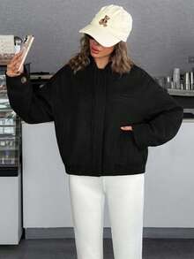 EURMUSE Women's Cropped Bomber Jacket With Elastic Hem And Minimalist Design, Stylish And Versatile Outerwea - Black - View 3